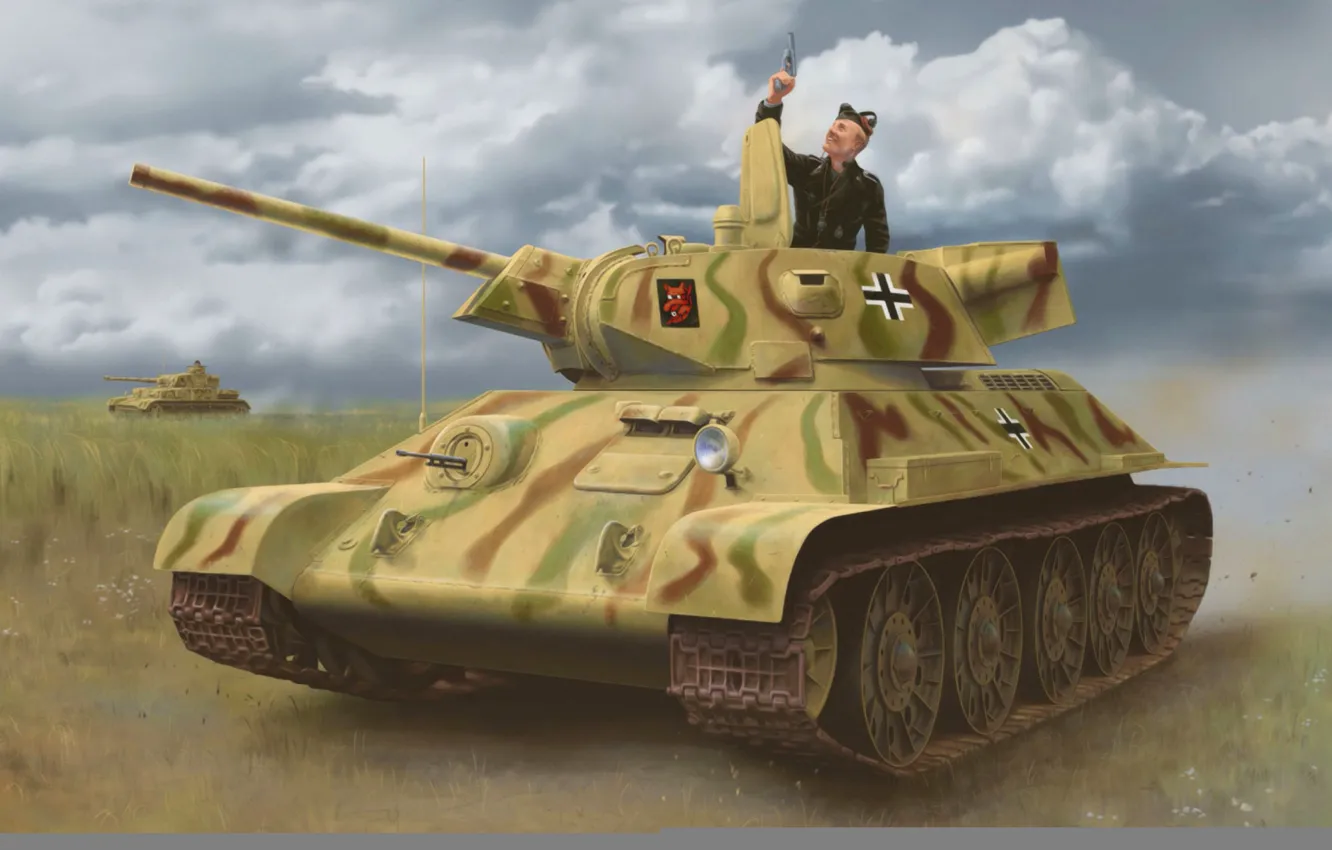 Photo wallpaper art, painting, tank, ww2, captured tank, T-34-747 STZ Mod. 1942