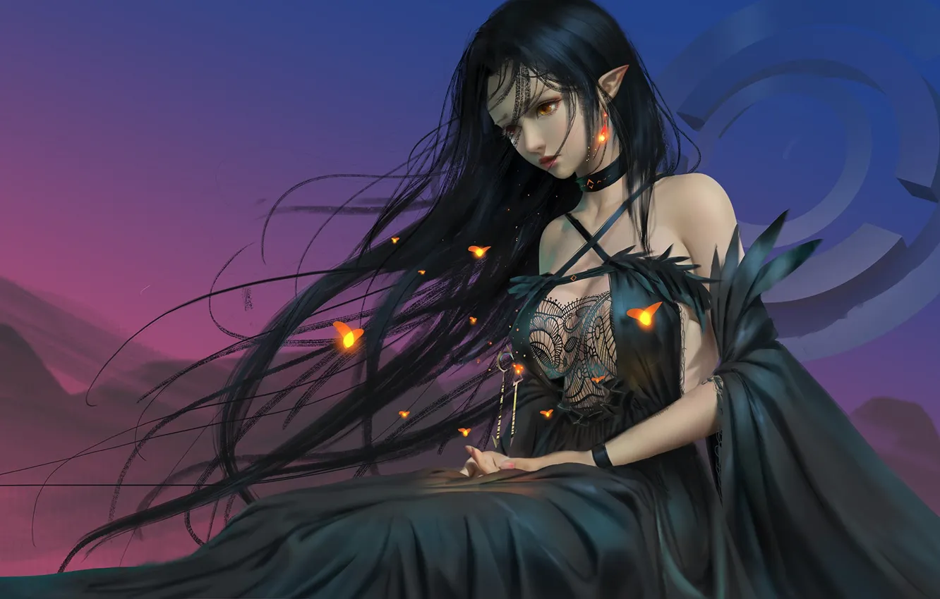 Photo wallpaper girl, fantasy, dress, red eyes, brunette, artist, elf, digital art