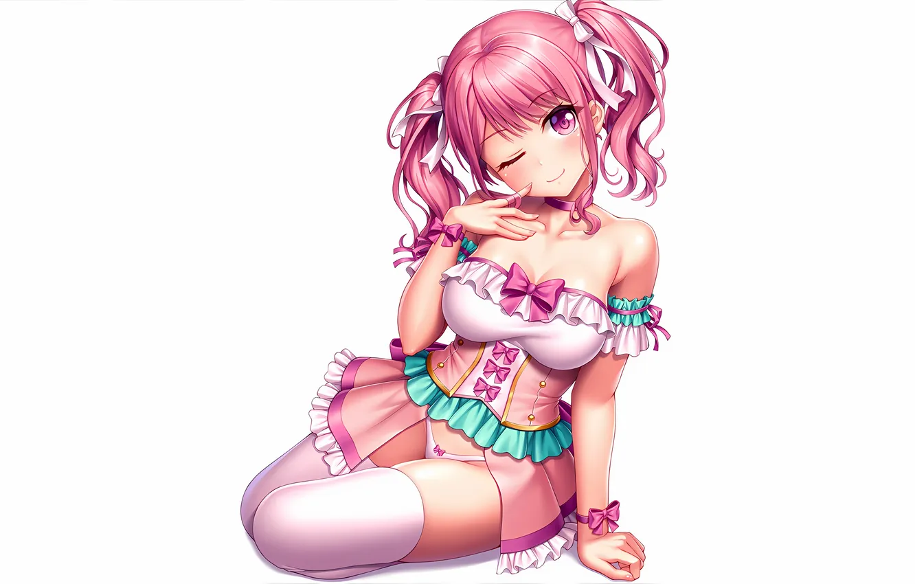 Photo wallpaper girl, sexy, lingerie, pantsu, cleavage, panties, thighhighs, pink hair