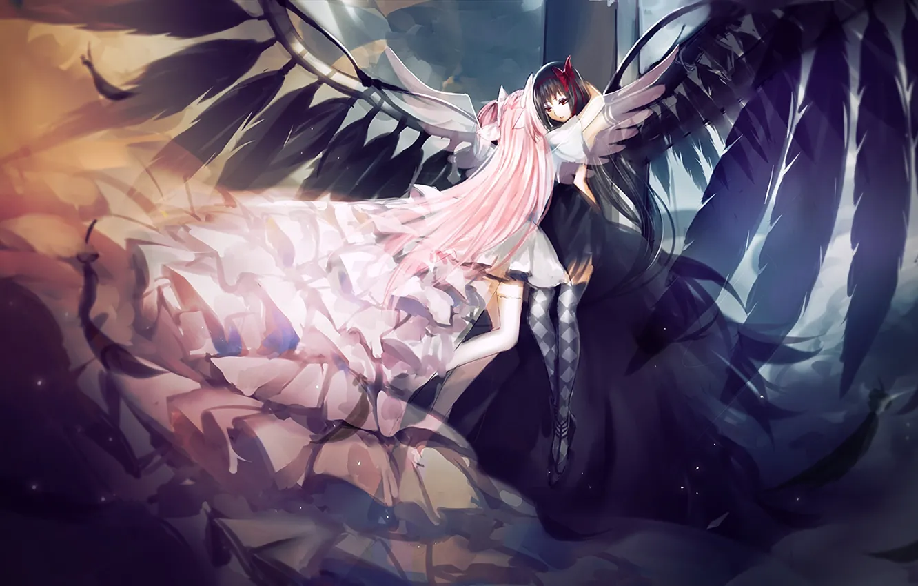 Photo wallpaper girls, wings, anime, feathers, art, homura akemi, madoka kaname, girl madoka