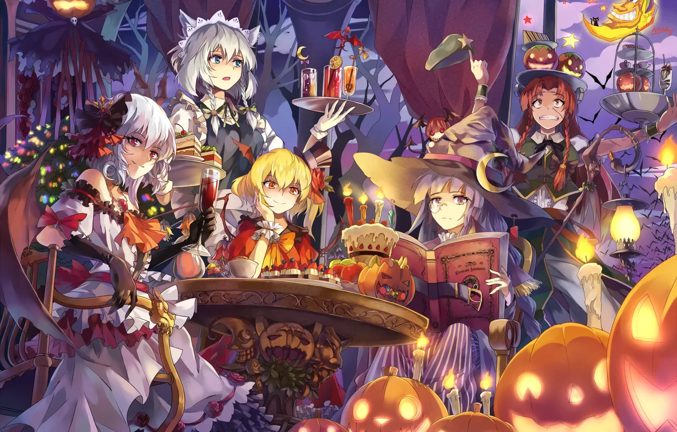 Photo wallpaper look, smile, girls, holiday, surprise, pumpkin, demons, touhou