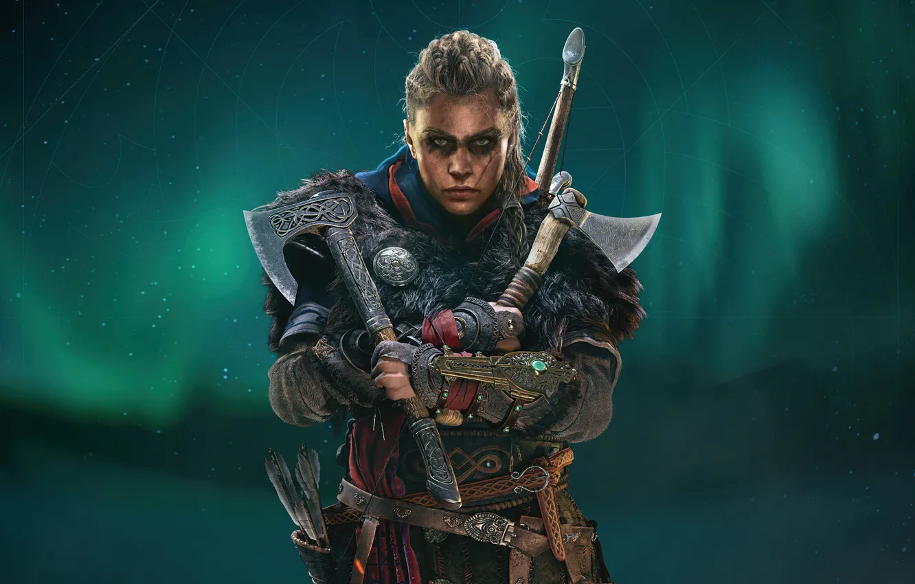 Photo wallpaper axe, assassins creed, female, eivor, valhalla