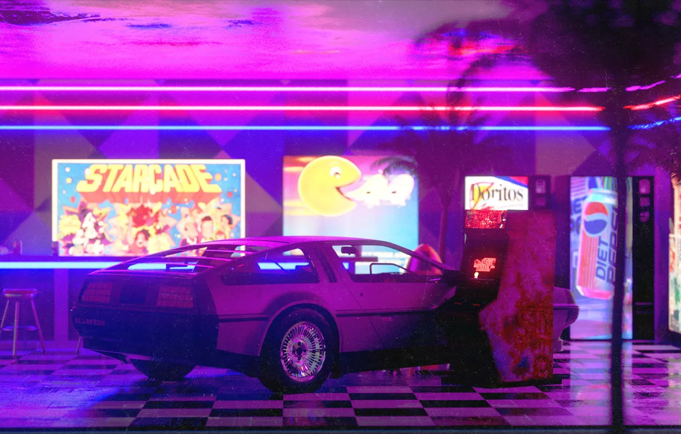 Photo wallpaper Auto, Night, Machine, Style, DeLorean DMC-12, Art, Art, 80s