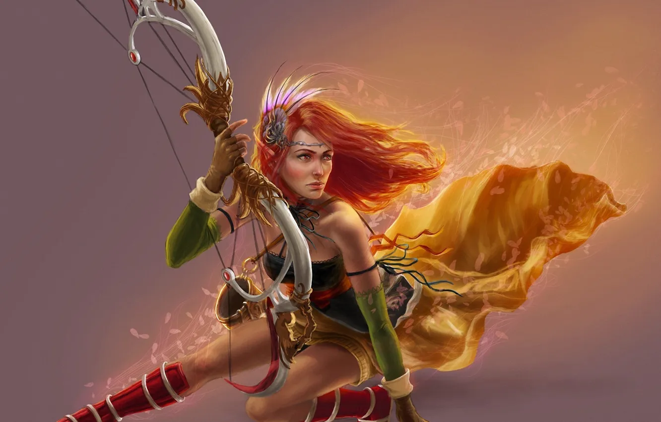 Photo wallpaper girl, pose, background, petals, bow, Archer, art