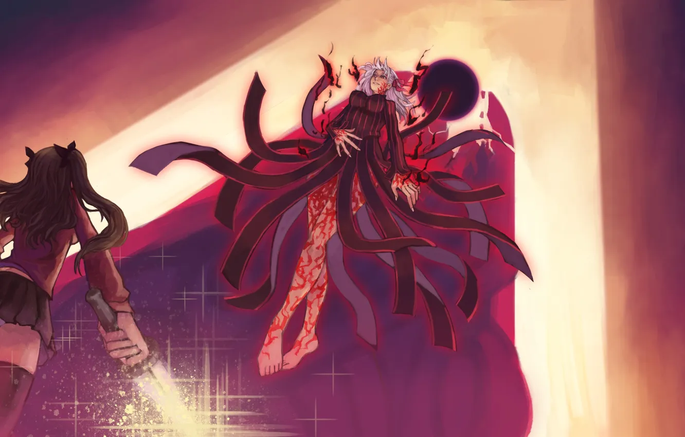 Photo wallpaper girl, flight, weapons, magic, Fate/Stay Night, grin, art, fanhoax