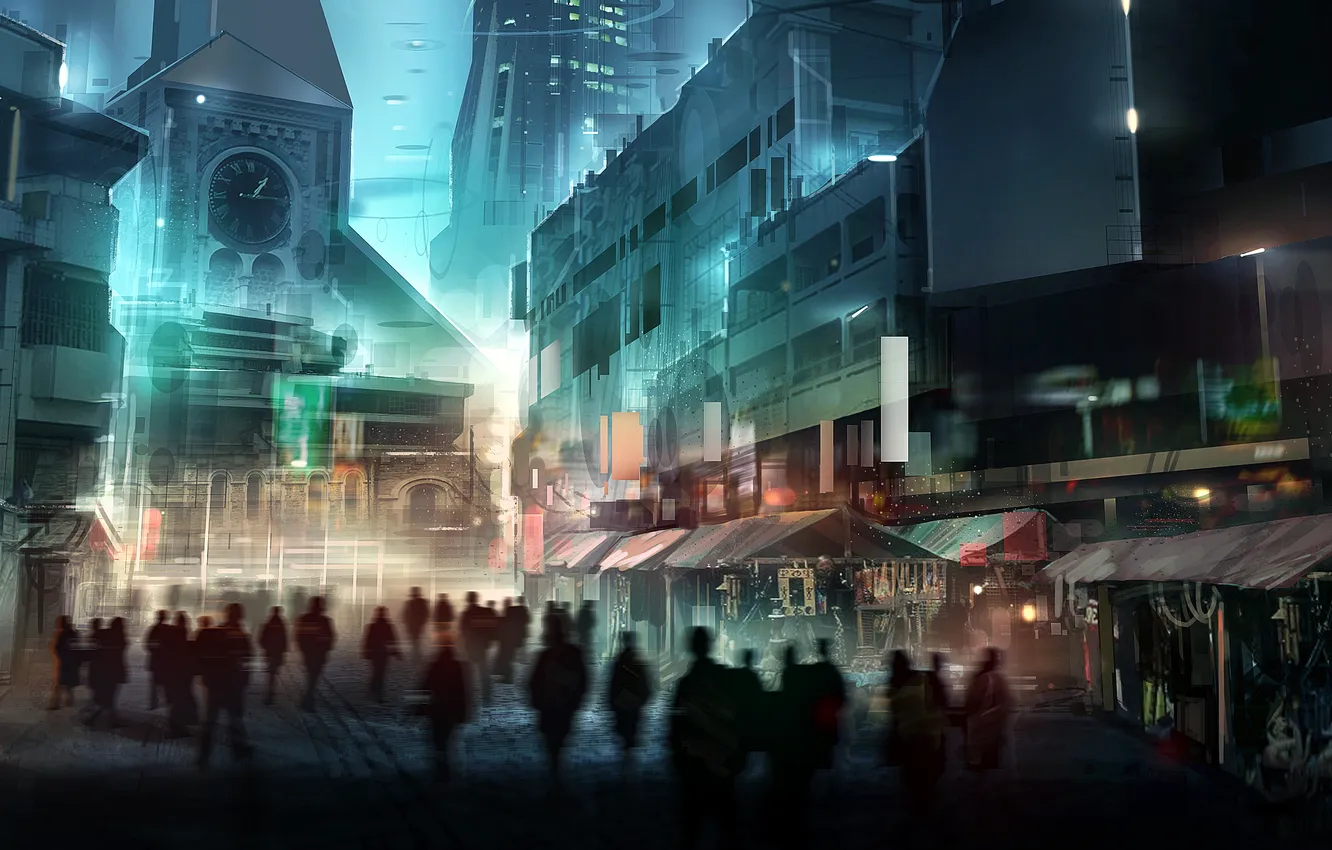 Photo wallpaper night, the city, lights, street, watch, tower, art, passers-by