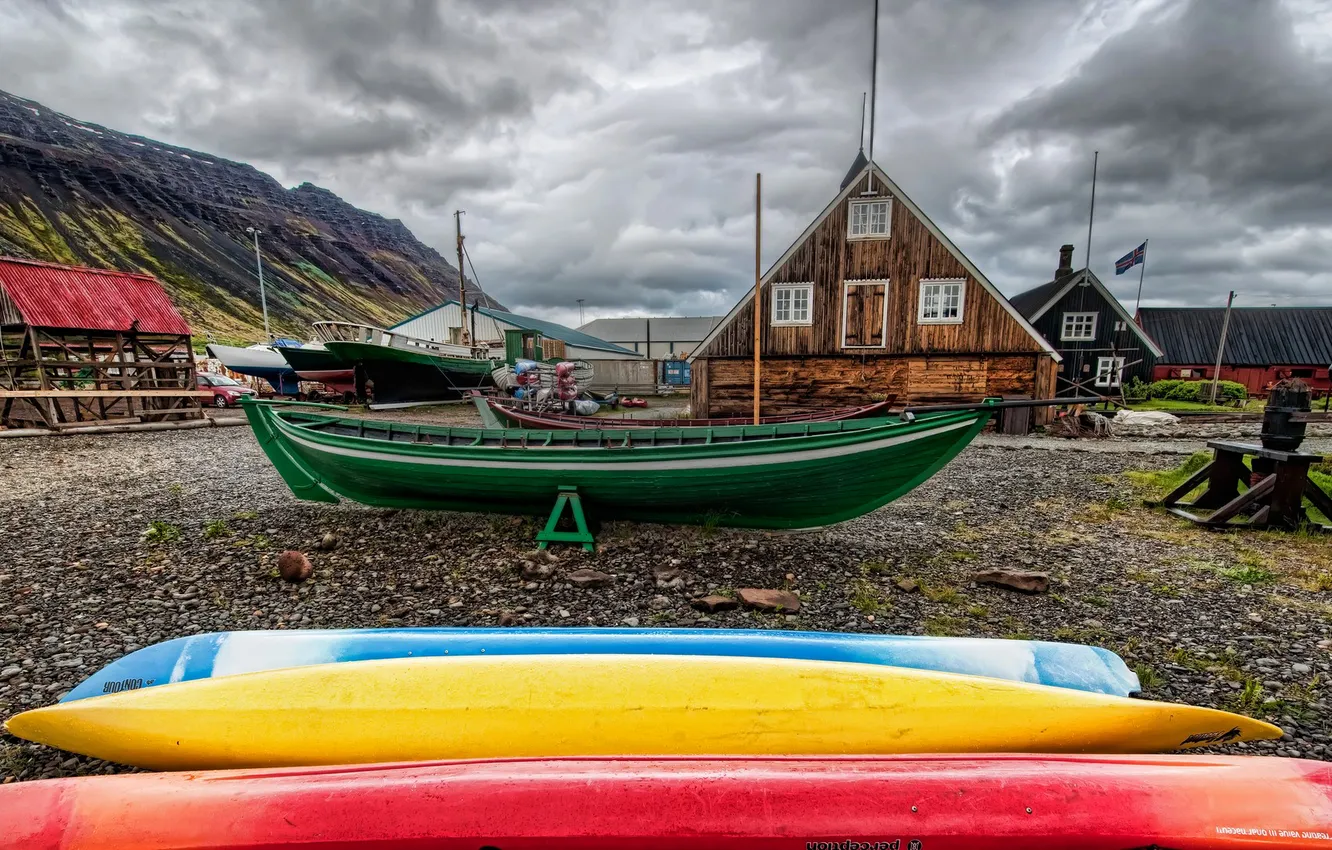 Photo wallpaper the sky, mountains, clouds, house, boat, hdr