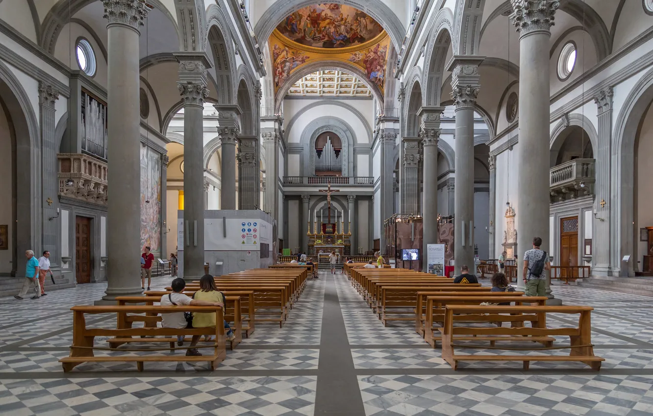 Photo wallpaper Italy, Florence, religion, bench, column, the nave, Basilica of San Lorenzo