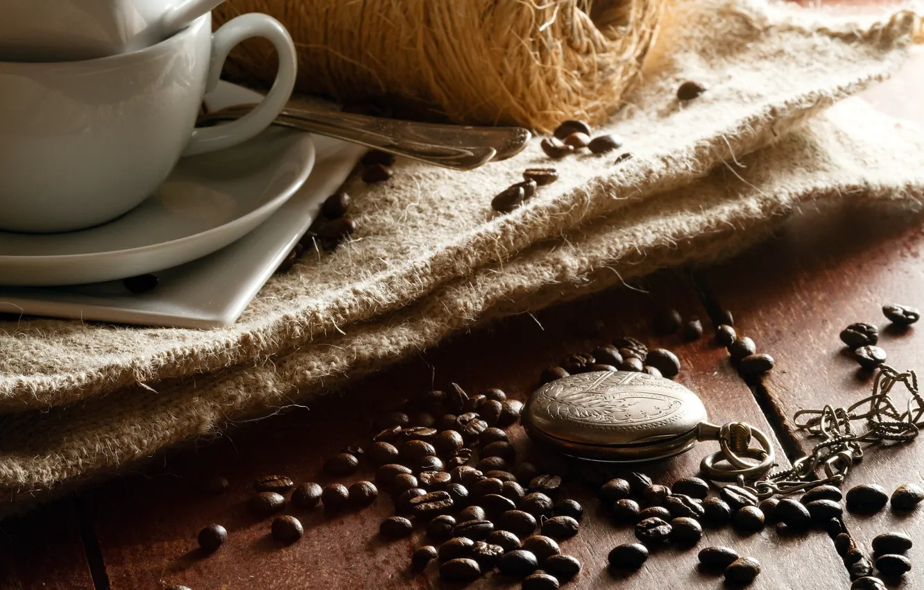Photo wallpaper table, watch, coffee, grain, spoon, Cup, chain