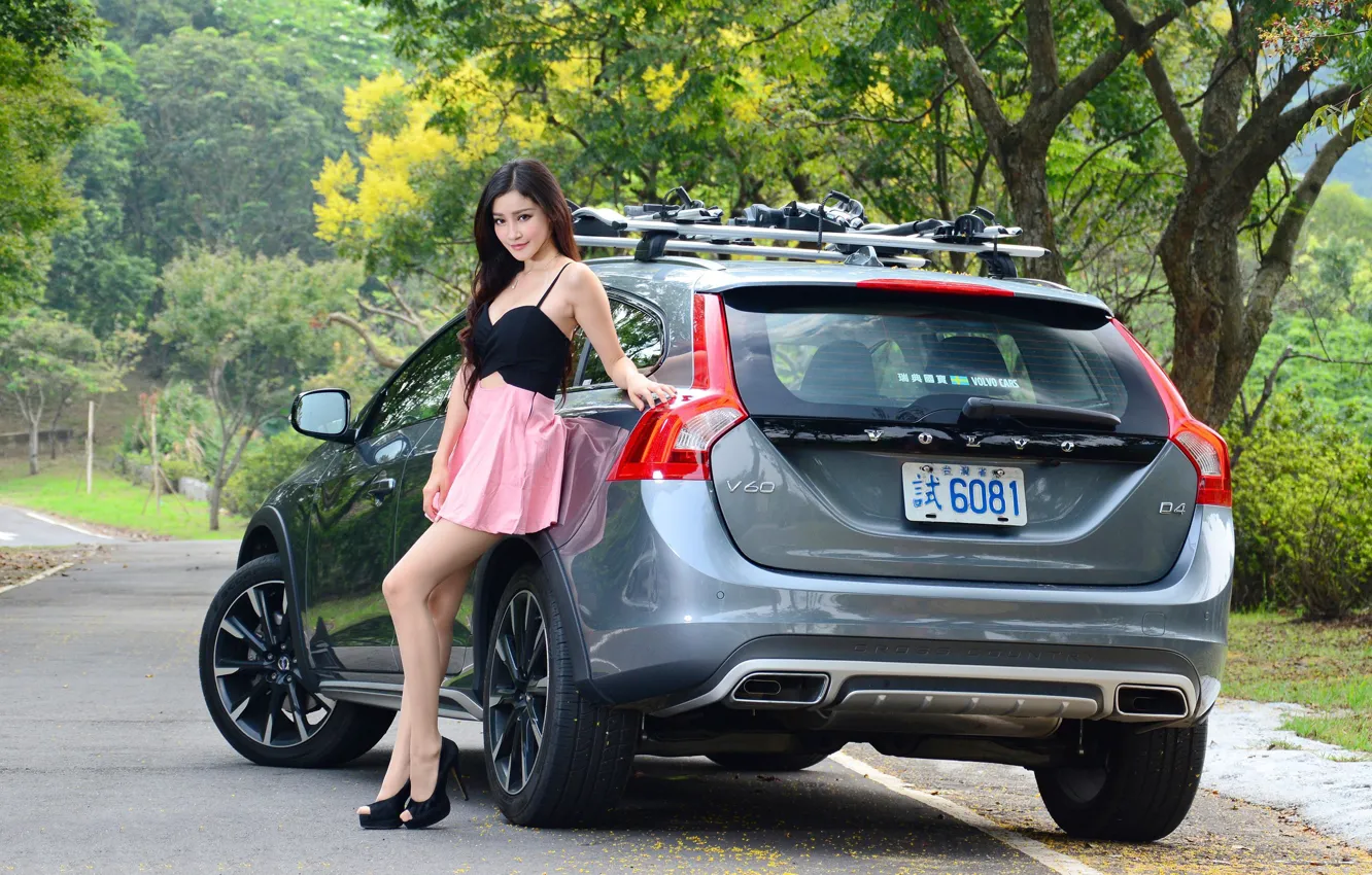 Photo wallpaper auto, look, Girls, Asian, beautiful girl, Volvo V60, posing on the car