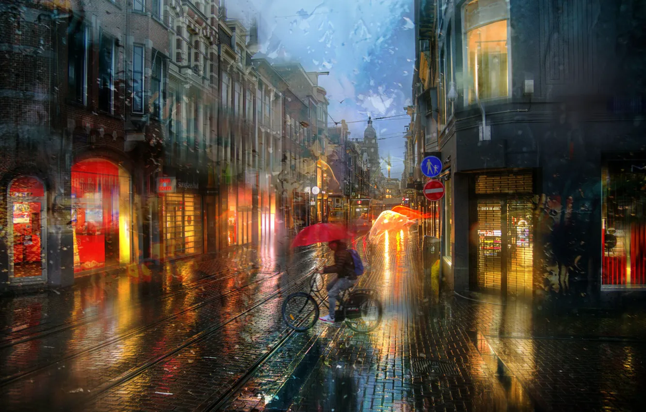 Photo wallpaper the city, rain, building, rails, home, lighting, Amsterdam, cyclist