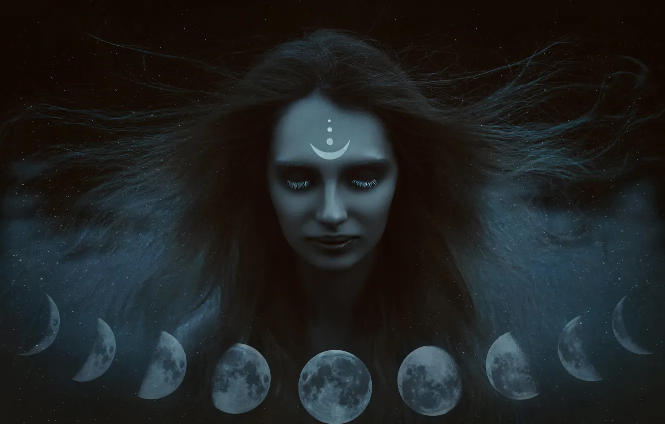 Photo wallpaper girl, night, face, style, the moon, the full moon, cosplay, makeup