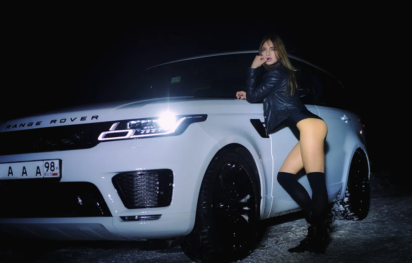 Photo wallpaper car, girl, shorts, stockings, beautiful, model