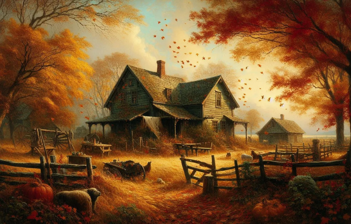 Photo wallpaper autumn, trees, home, village, house, hut, AI art, a cozy little world