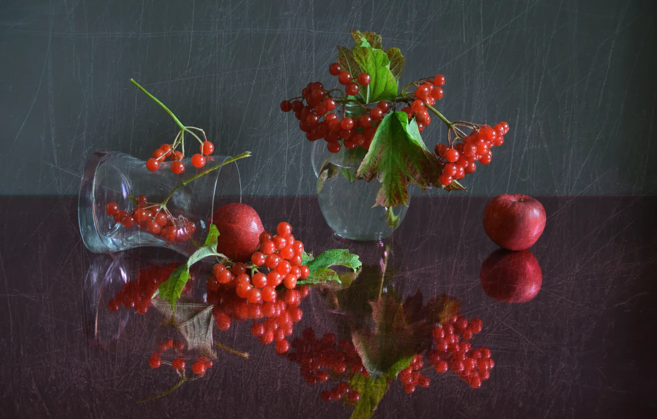 Photo wallpaper autumn, glass, reflection, berries, still life, composition, Kalina