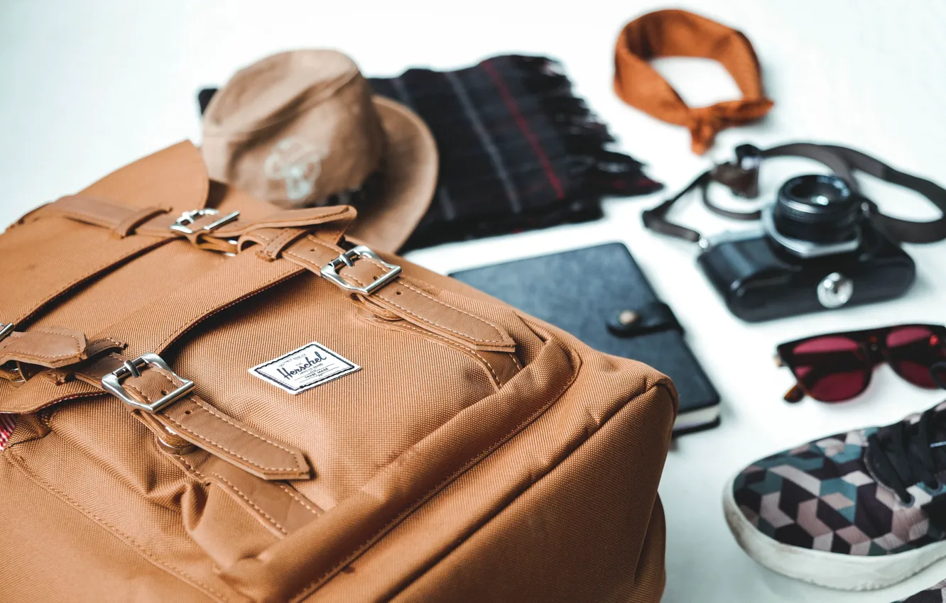 Photo wallpaper sneakers, camera, scarf, glasses, notebook, backpack, notebook, camera