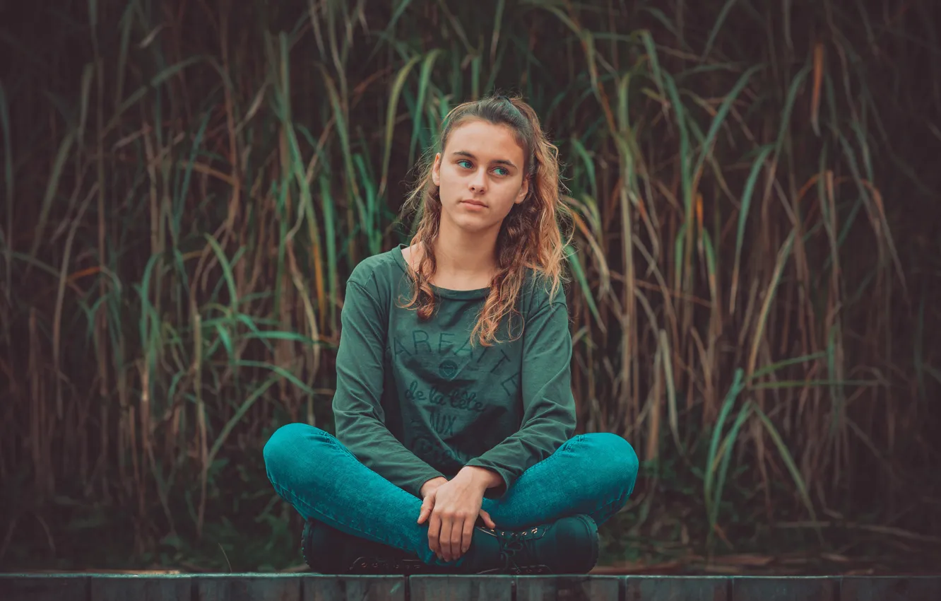 Photo wallpaper girl, face, background, sitting, Mandy