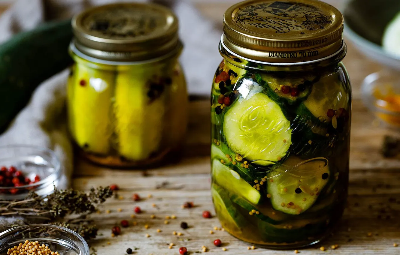 Photo wallpaper glass, table, Bank, cucumbers, spices, marinated, salt, canned