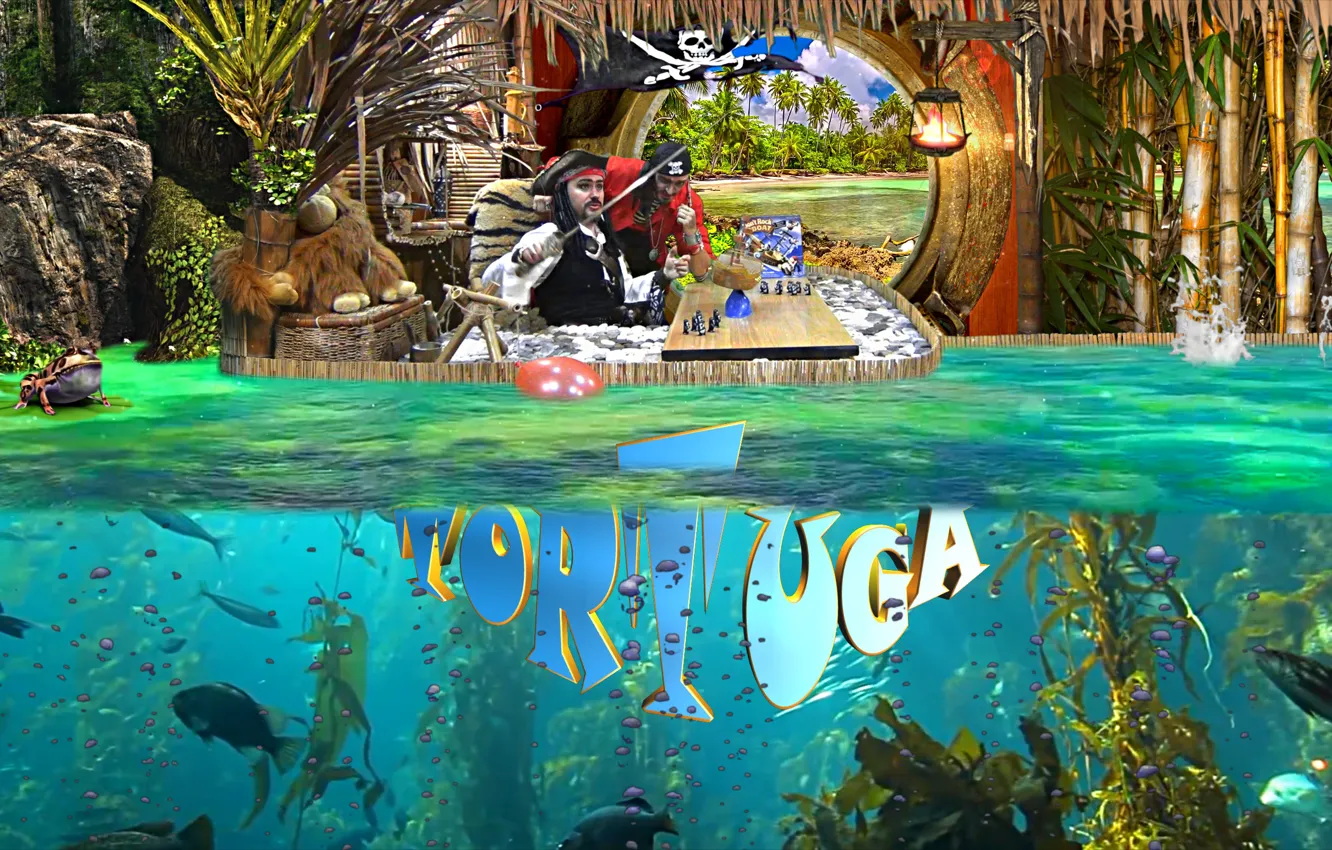 Photo wallpaper sea, fish, algae, children, palm trees, coast, toys, ship