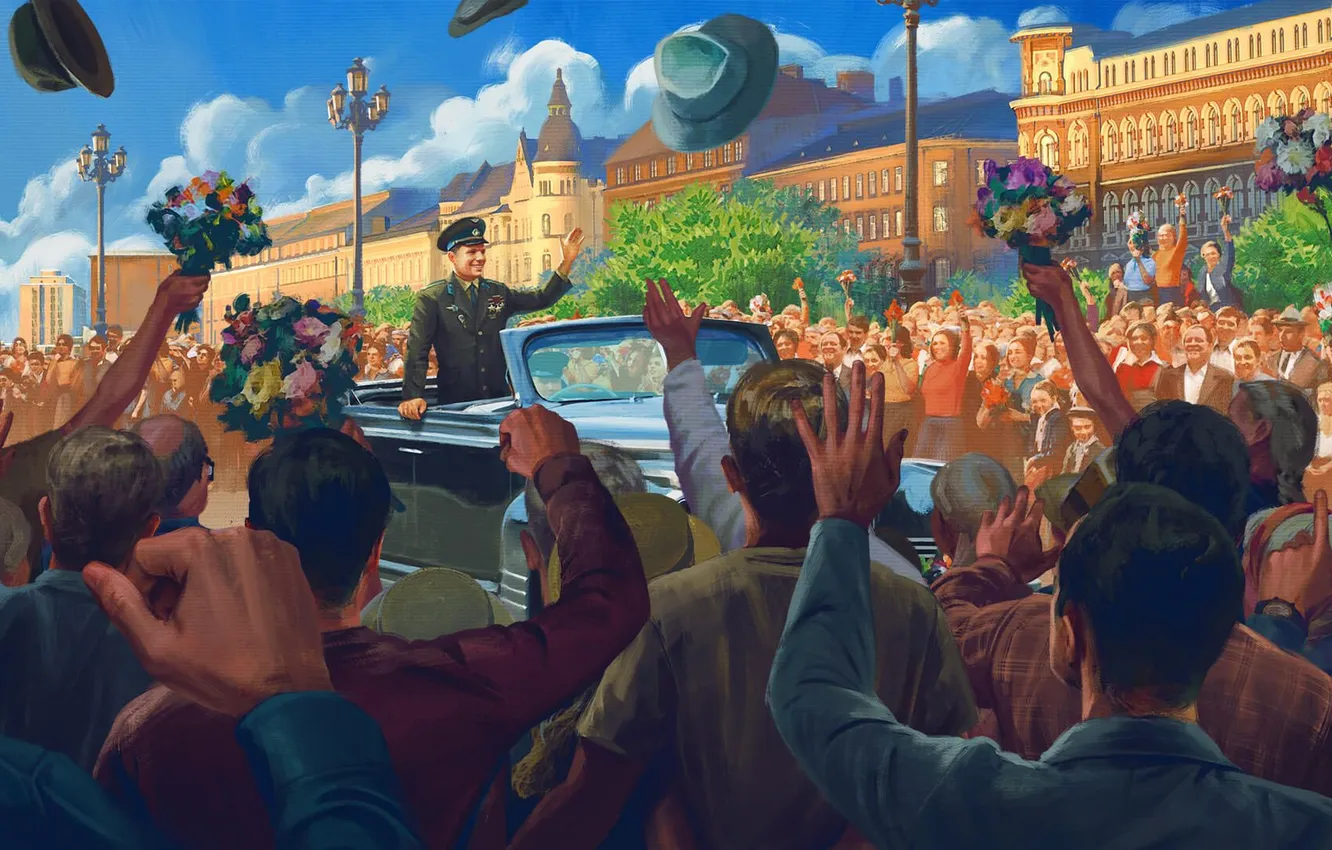 Photo wallpaper flowers, holiday, the crowd, people, meeting, art, USSR, car