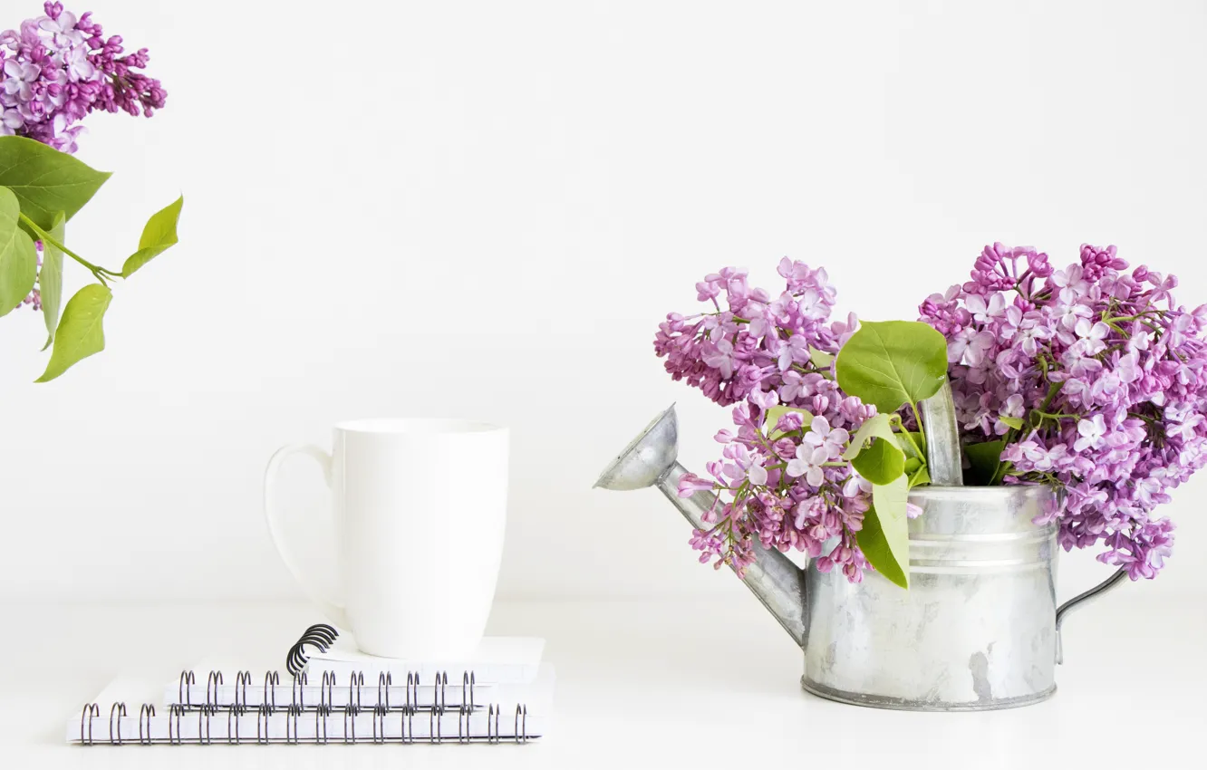 Photo wallpaper bouquet, mug, Notepad, lake, lilac