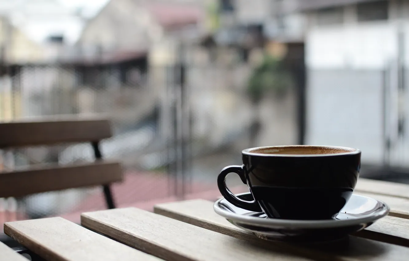 Photo wallpaper table, coffee, Cup, balcony, saucer, bokeh, the city.