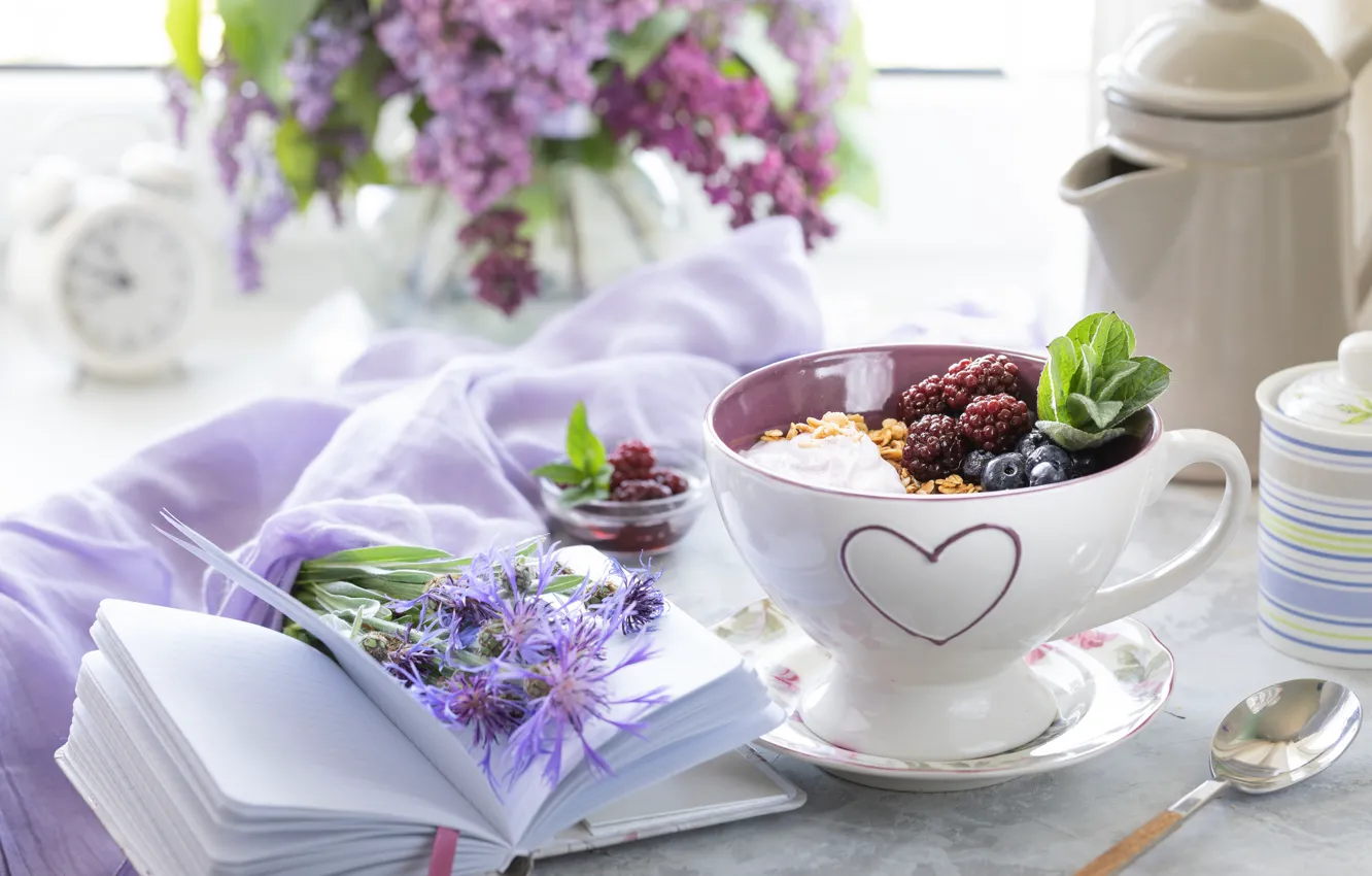 Photo wallpaper berries, table, bouquet, Breakfast, Notepad, muesli, Karina Klachuk