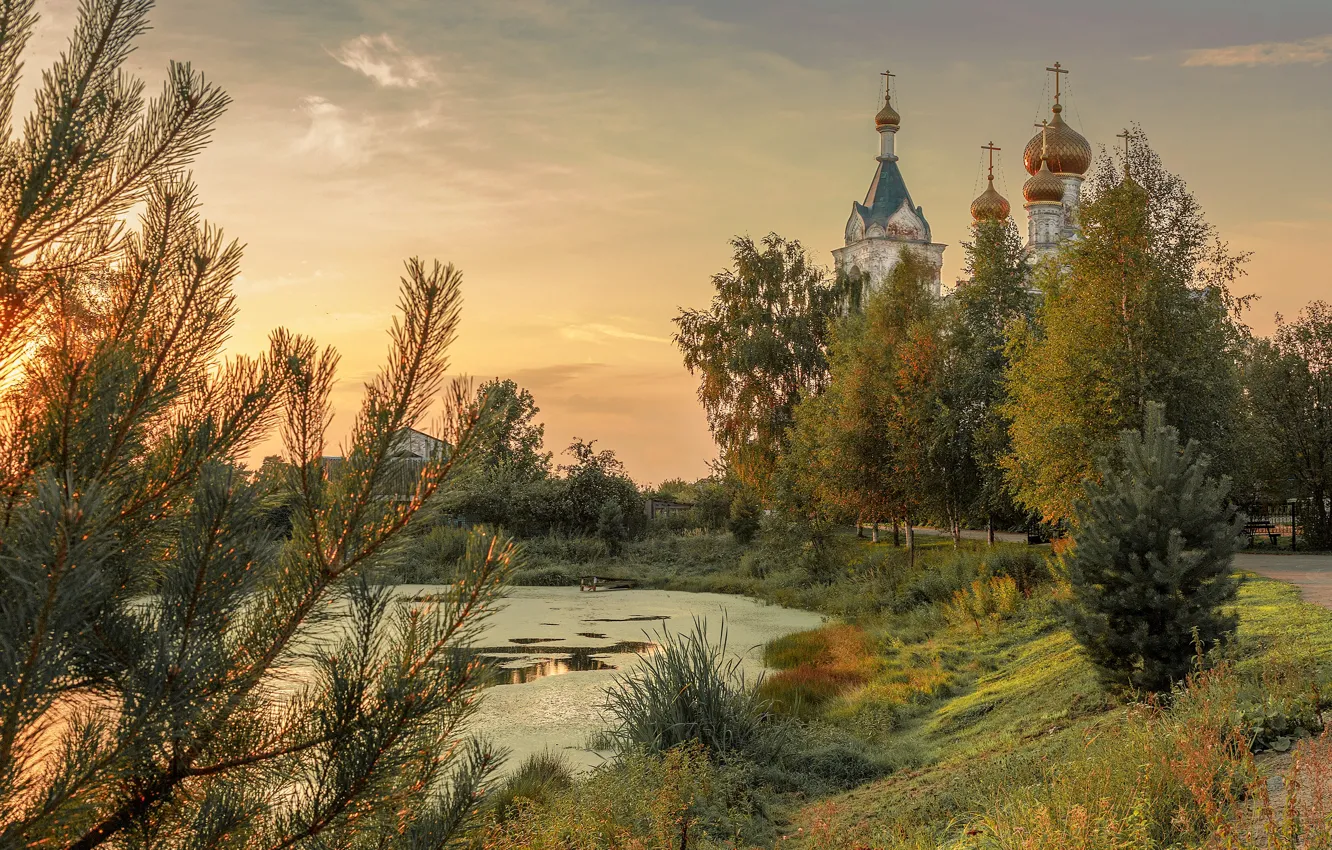 Photo wallpaper landscape, nature, pond, village, Church, Elena Guseva, Gestilevo