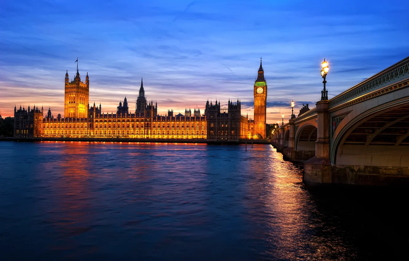 Photo wallpaper bridge, lights, river, England, London, the evening, twilight