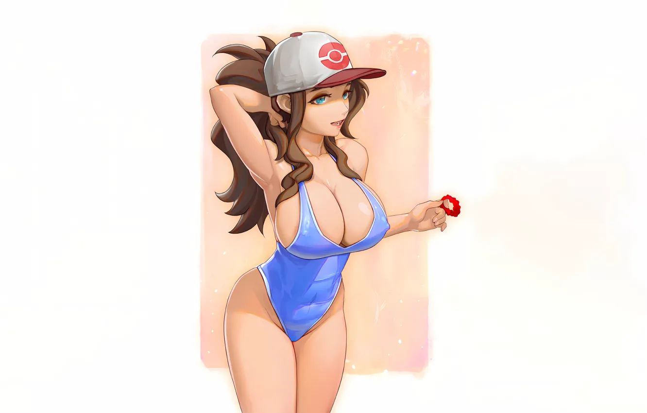 Photo wallpaper girl, sexy, cleavage, green eyes, long hair, brown hair, boobs, anime