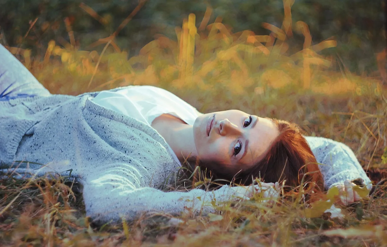 Photo wallpaper grass, girl, sweetheart, lies