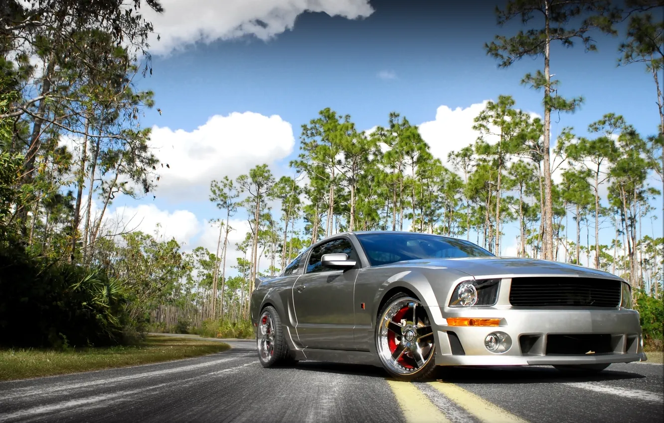 Photo wallpaper road, the sky, clouds, trees, grey, Mustang, Ford, Mustang