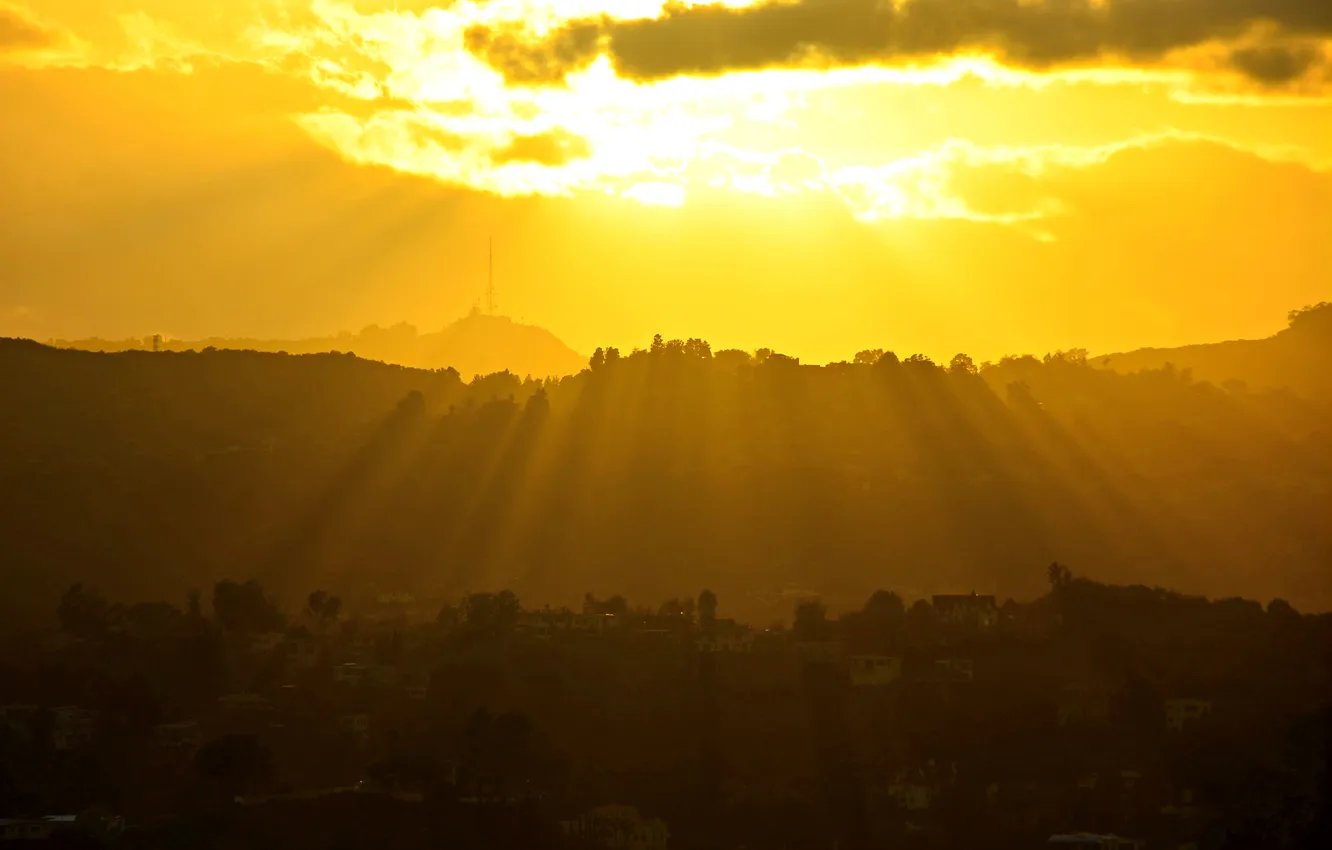 Photo wallpaper the sky, clouds, trees, sunset, mountains, Hollywood, tower, USA