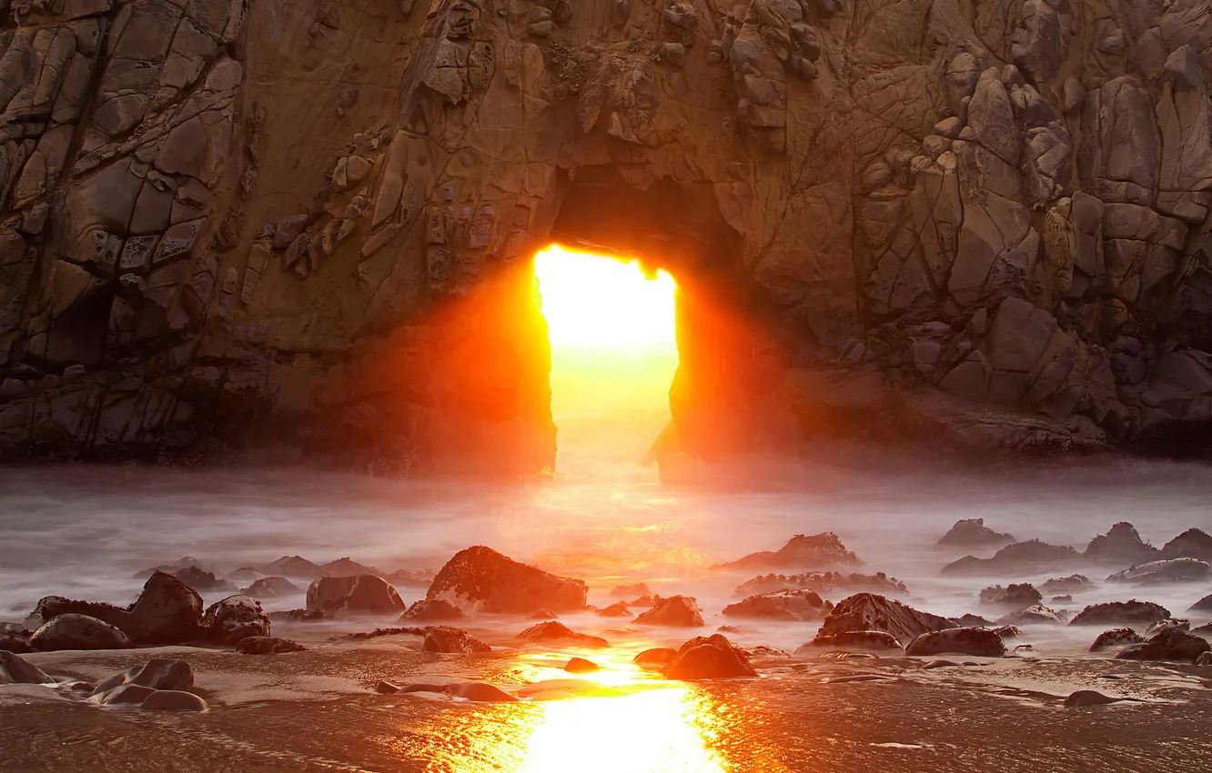 Photo wallpaper the sun, rock, the ocean, dawn, CA, arch, USA, California