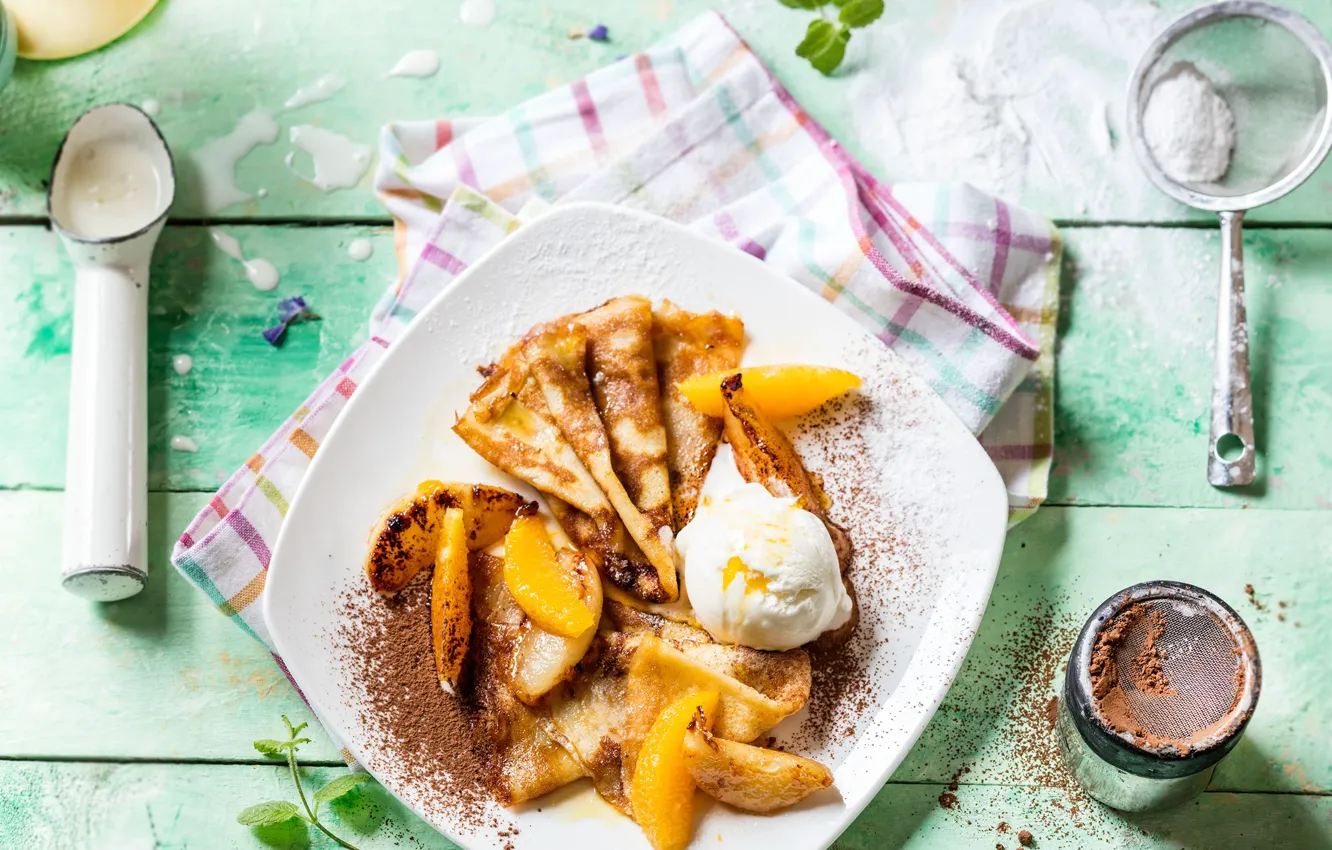 Photo wallpaper ice cream, peaches, jam, cocoa, Blin