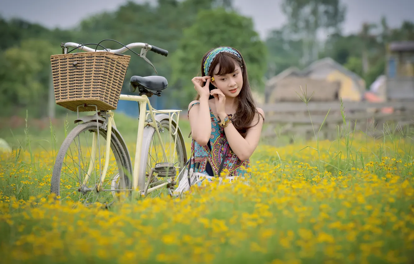 Photo wallpaper field, girl, bike, face, Asian