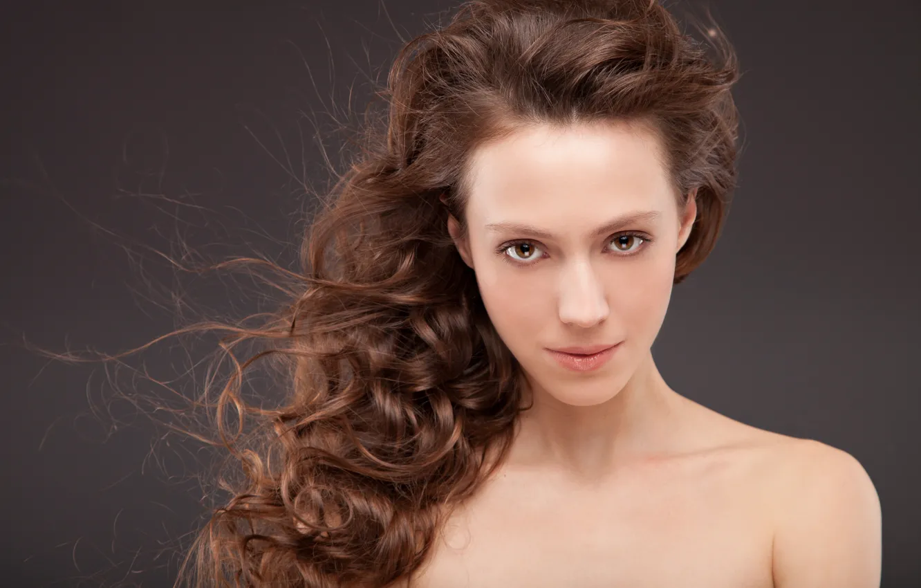 Photo wallpaper look, girl, background, the wind, hair, curls, brown eyes, wavy