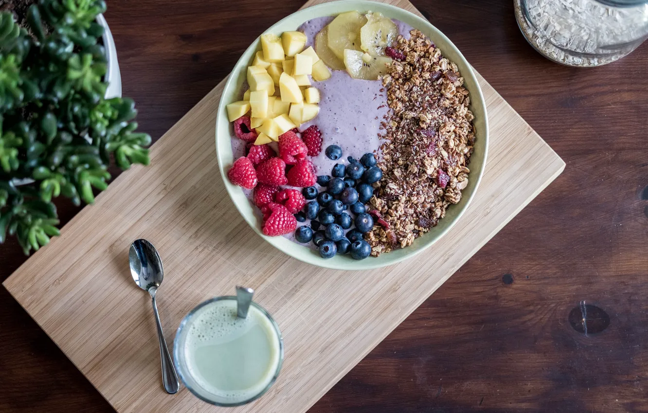 Photo wallpaper raspberry, food, Breakfast, blueberries, muesli with fresh berries