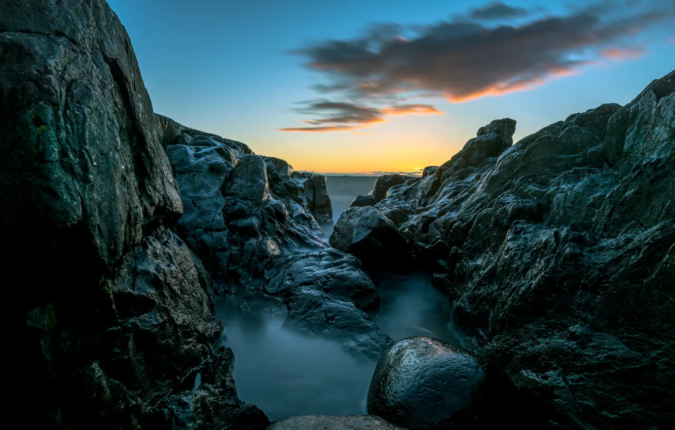 Photo wallpaper sea, sunset, mountains, rocks, Finland