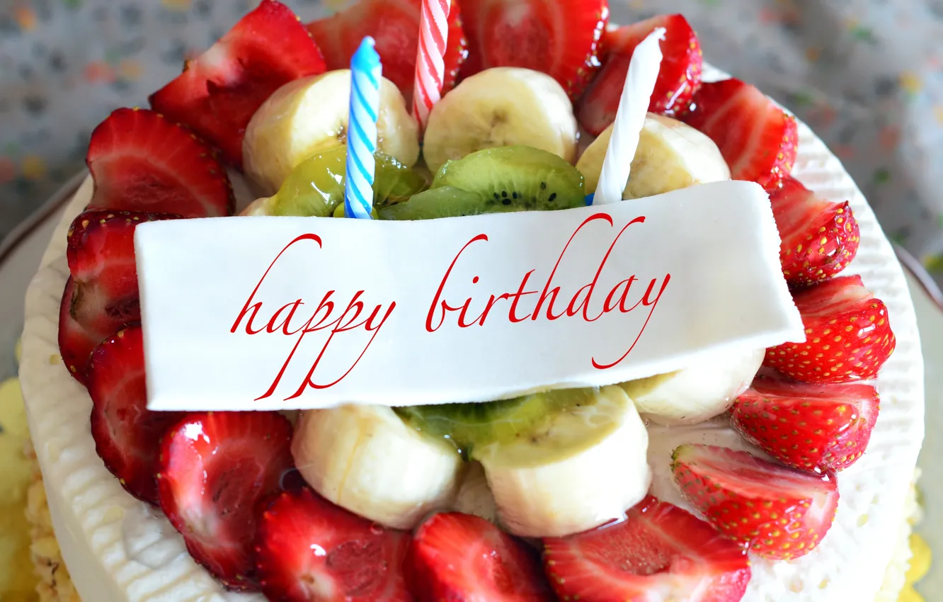 Photo wallpaper birthday, strawberry, bananas, cake, cake, Happy Birthday, strawberry, fruits
