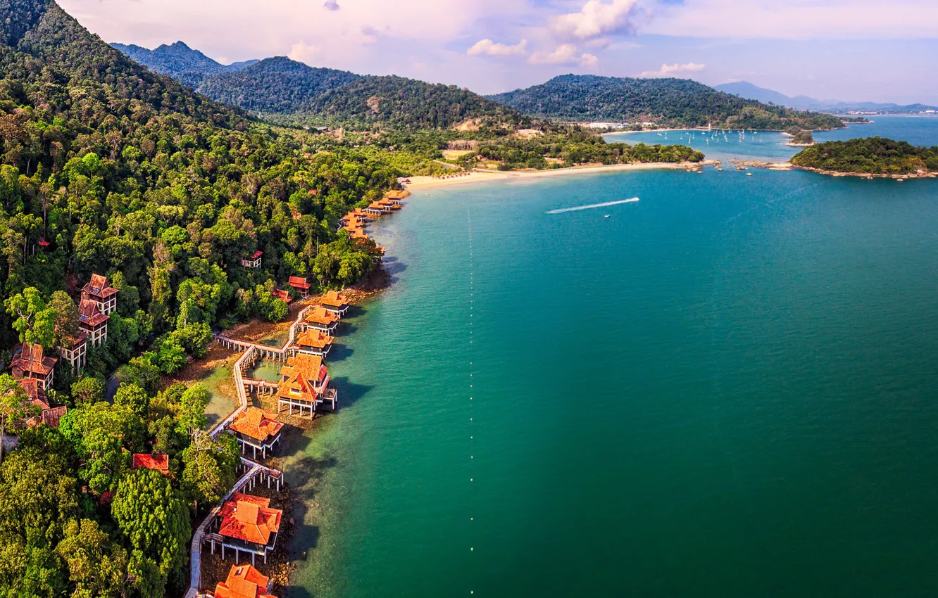 Photo wallpaper sea, forest, the sky, the sun, clouds, trees, mountains, tropics