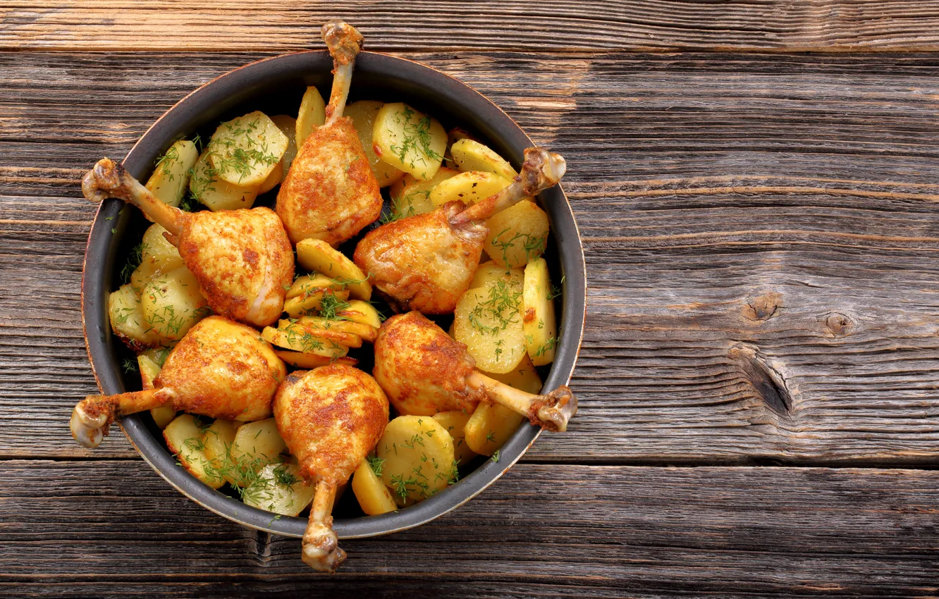 Photo wallpaper Board, chicken, potatoes, Meat products