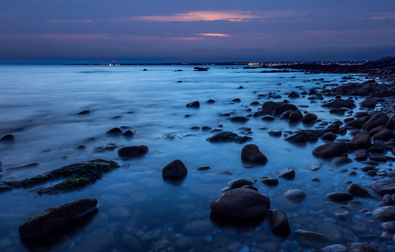 Photo wallpaper sea, beach, blue, clouds, the city, pebbles, stones, shore