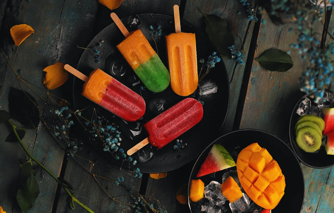 Photo wallpaper the dark background, watermelon, kiwi, ice cream, mango, Popsicle, ice cubes, fruit