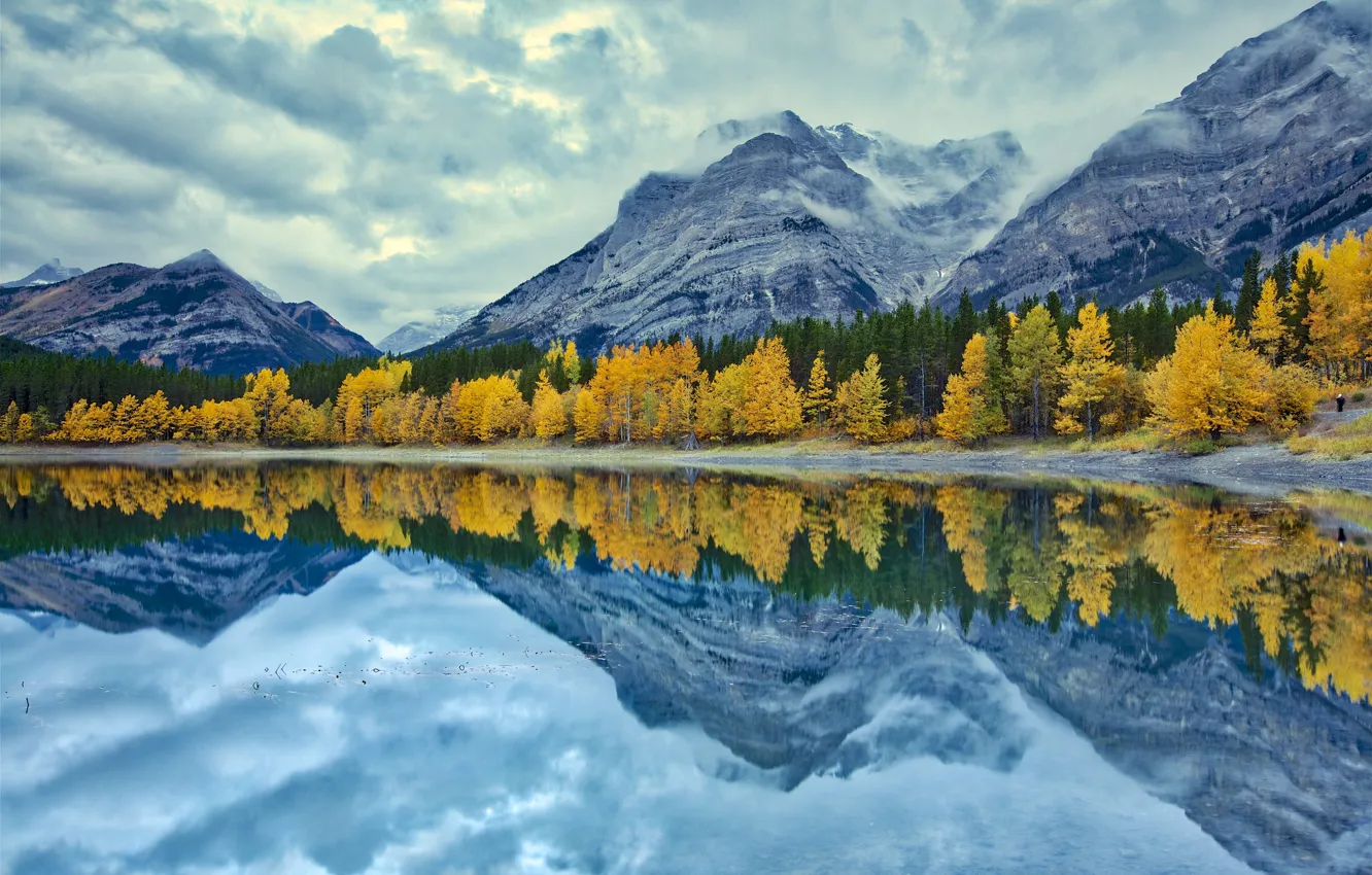 Photo wallpaper autumn, forest, the sky, trees, mountains, reflection, pond