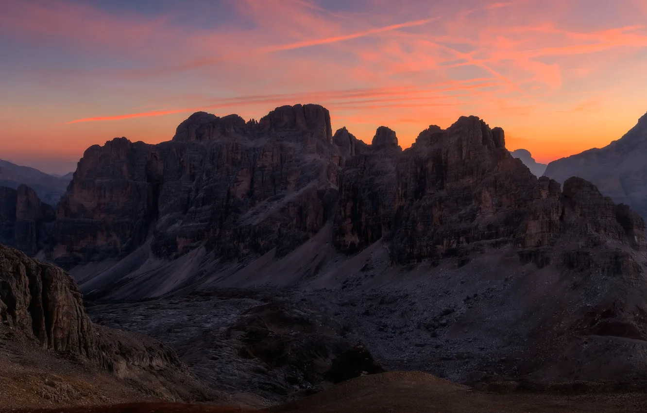 Photo wallpaper clouds, sunset, mountains, rocks, tops, the evening, Italy, haze