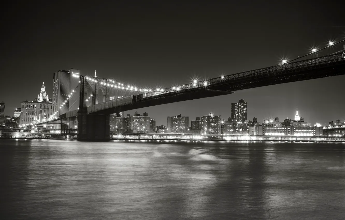 Photo wallpaper night, the city, lights, Strait, New York, lighting, black and white, USA