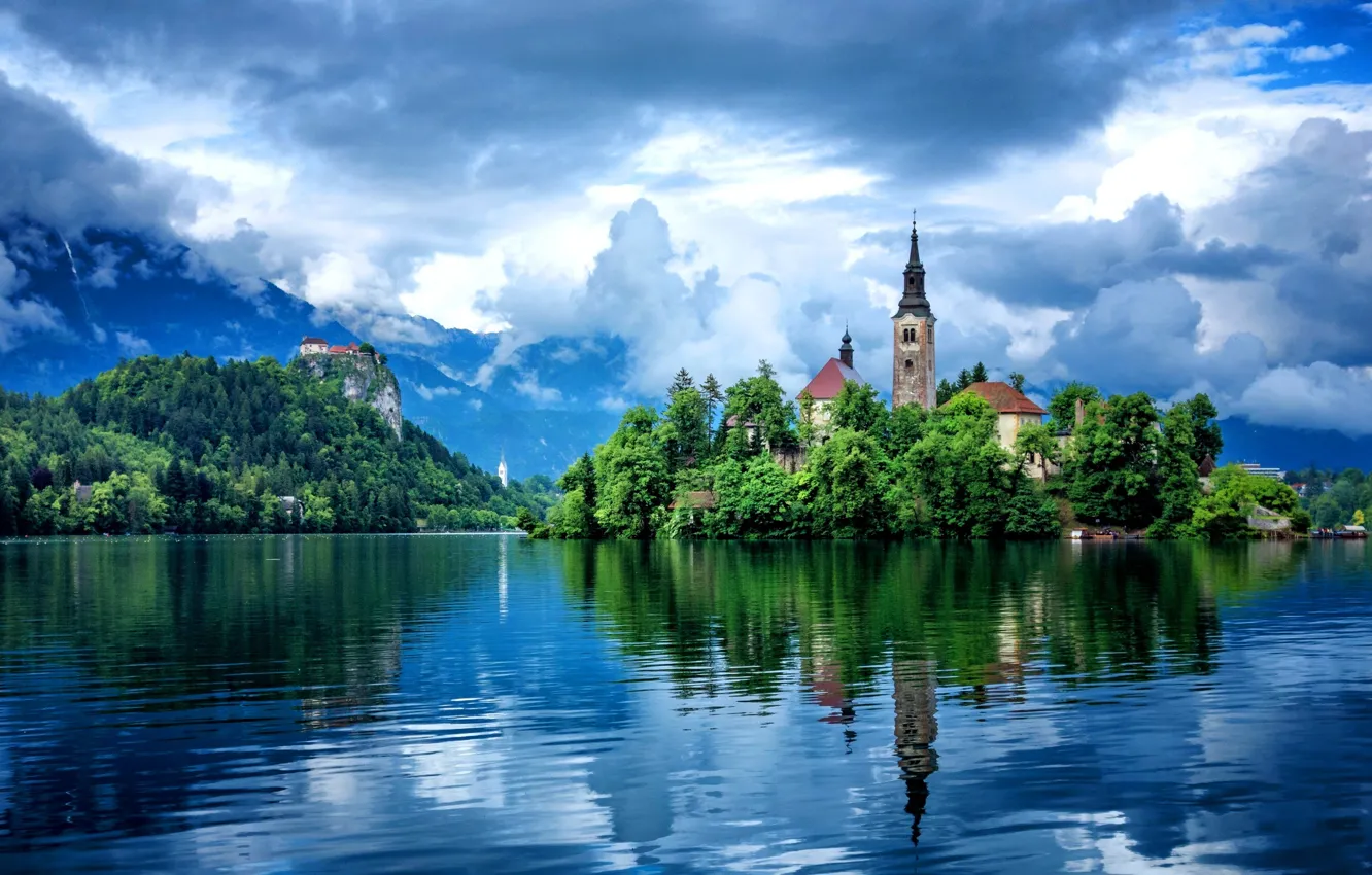 Photo wallpaper the sky, clouds, trees, mountains, lake, reflection, building