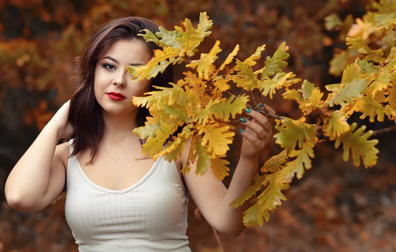 Photo wallpaper autumn, look, leaves, brown hair, Denica