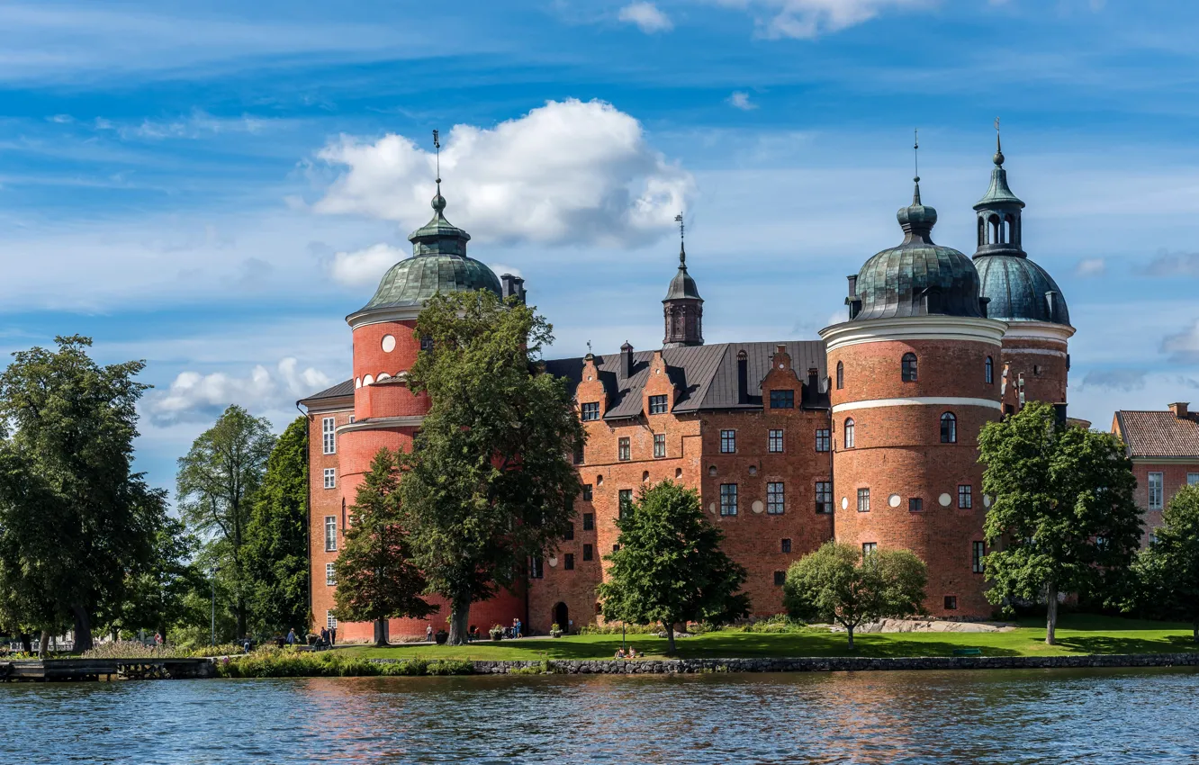 Photo wallpaper the sky, clouds, trees, lake, castle, shore, Sweden, Sunny